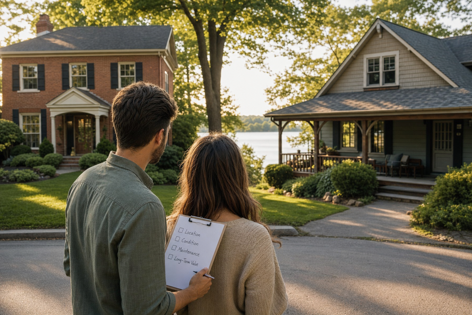 Home buyers comparing two houses in Peterborough and the Kawarthas using a home buying checklist to evaluate location, condition, maintenance, and long-term value before making a purchase