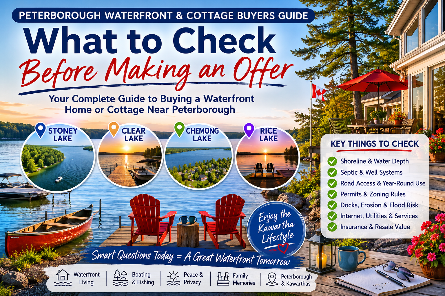 Peterborough waterfront cottage buyers guide featuring Stoney Lake, Clear Lake, Chemong Lake, and Rice Lake waterfront properties in the Kawarthas.