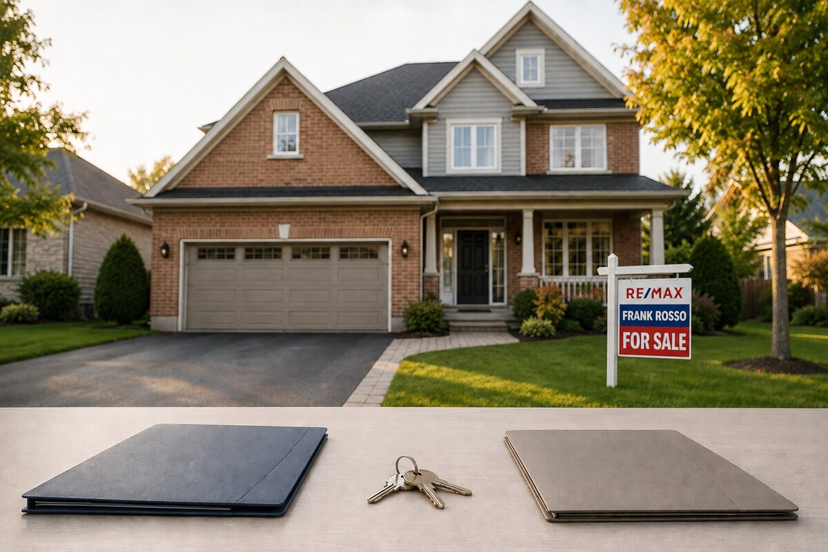 Peterborough Ontario home with a Frank Rosso RE/MAX For Sale sign, representing professional guidance when selling a family property after separation or divorce.