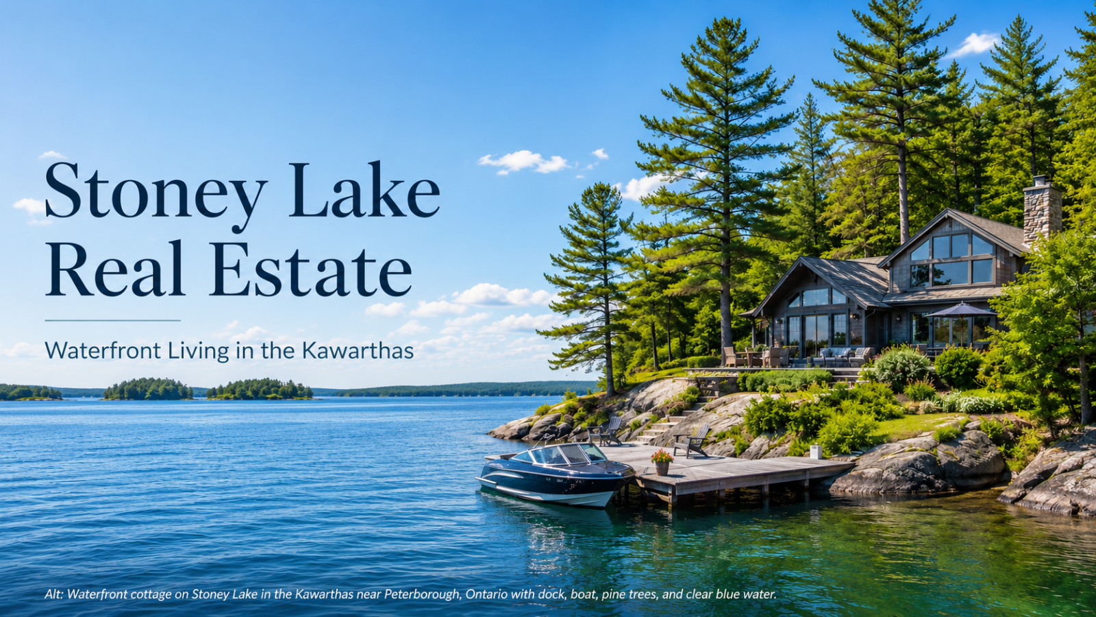 Waterfront cottage on Stoney Lake in the Kawarthas near Peterborough, Ontario with a dock, boat, pine trees, and clear blue water